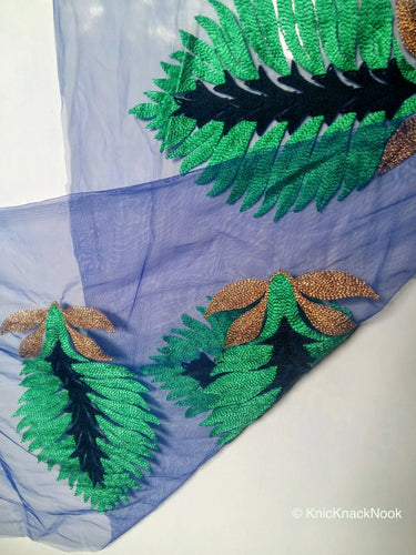 Wholesale Blue Soft Net Lace Trim With Blue, Green And Gold Embroidered Leaves, Indian Trims